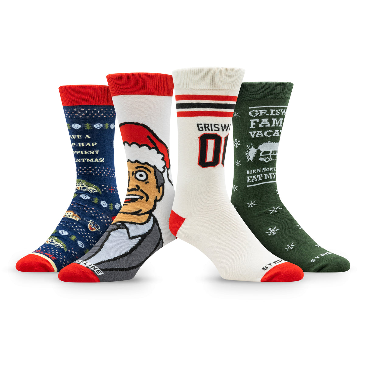 Four pairs of festive socks featuring holiday designs, including Christmas trees, a Santa hat, and a character with a