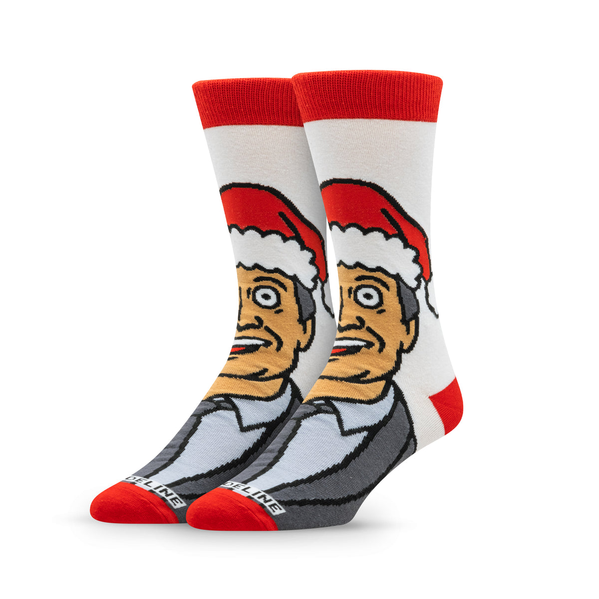 Red and white socks featuring a cartoon character in a Santa hat with a surprised expression.