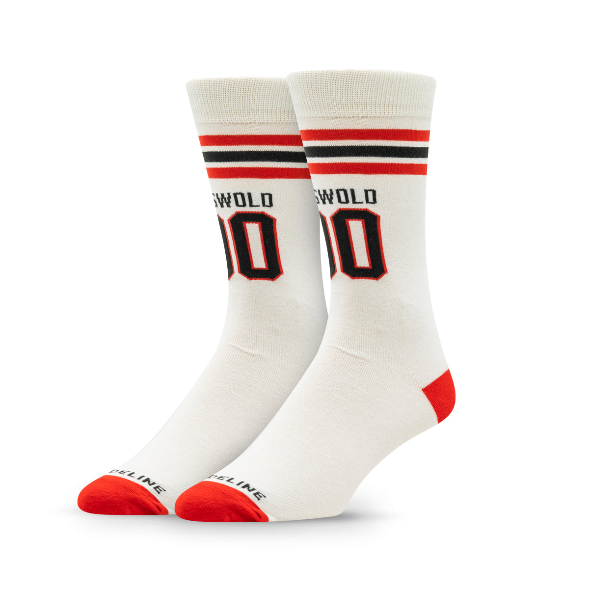 White socks with red accents and black stripes, featuring the number "00" and the name "Oswald.