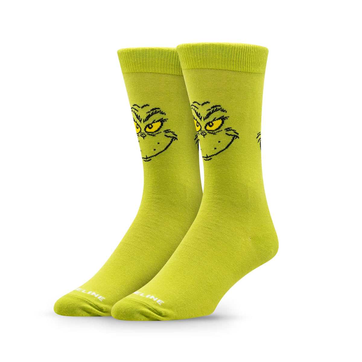 Bright green socks featuring a mischievous Grinch face design.