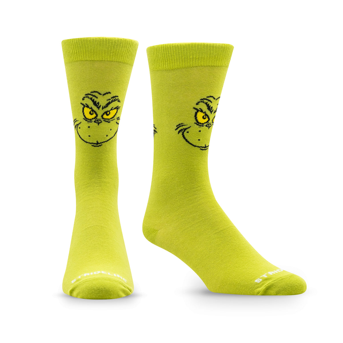 Bright green socks featuring a Grinch face design on the front.