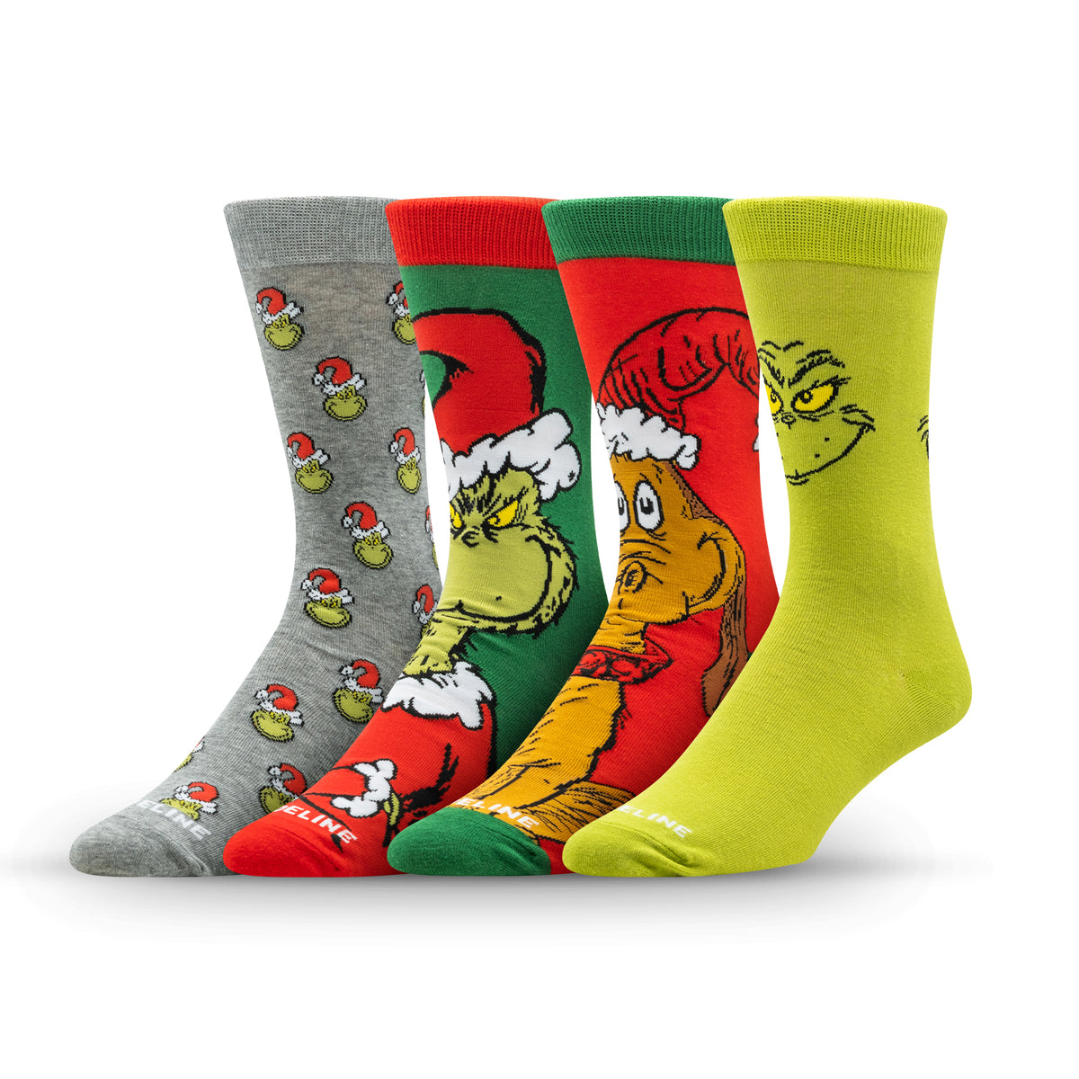 Four pairs of colorful socks featuring the Grinch and festive designs, including Santa hats and holiday motifs.