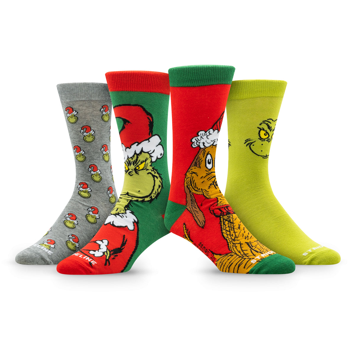 Four pairs of colorful socks featuring Grinch and holiday designs in red, green, gray, and yellow.