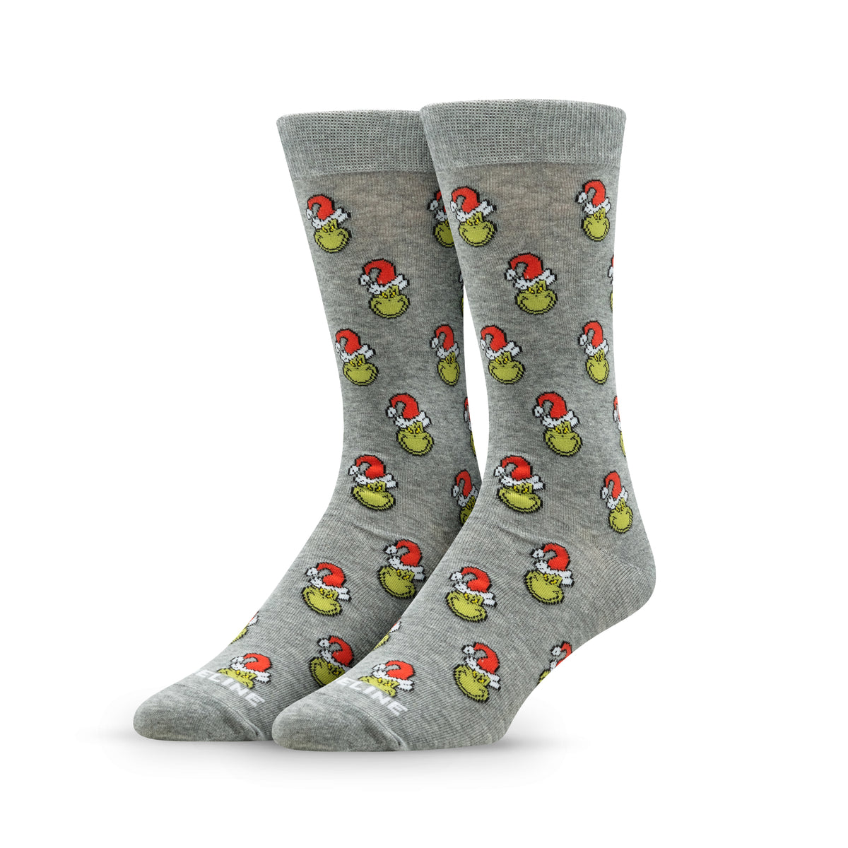 Gray socks featuring a playful pattern of cartoonish green characters wearing Santa hats.