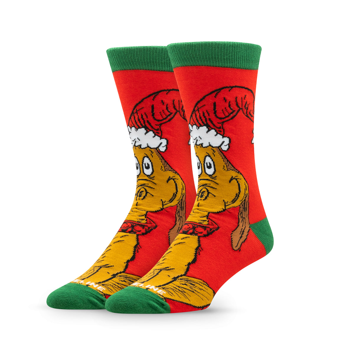 Bright red socks featuring a whimsical character with a Santa hat and green accents.