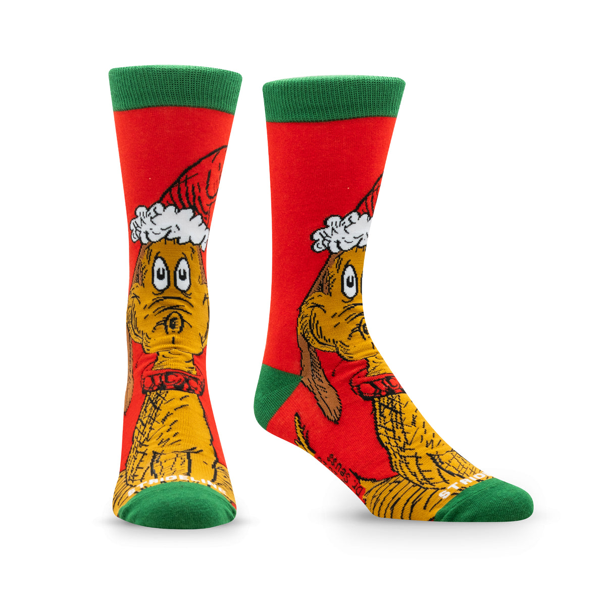 Red socks featuring a cartoon dog wearing a Santa hat, with green cuffs and a playful design.