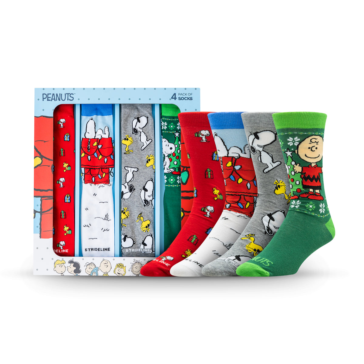 Four pairs of colorful Peanuts-themed socks featuring Snoopy, Charlie Brown, and festive designs.