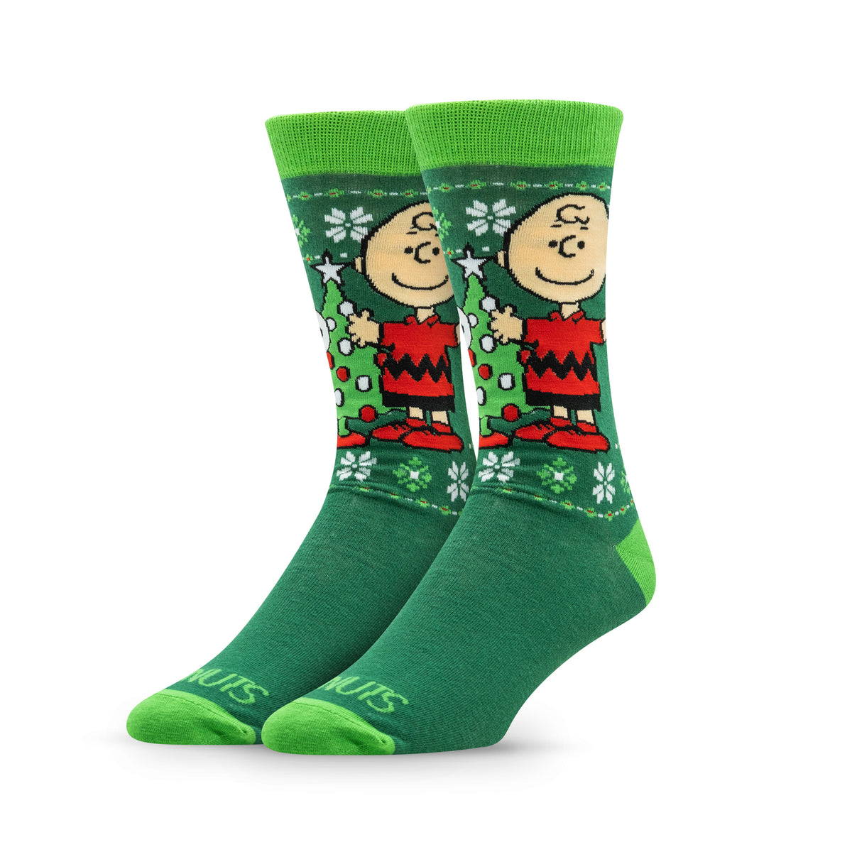 Green socks featuring a cartoon character with a round head, wearing a red shirt and standing among snowflakes.
