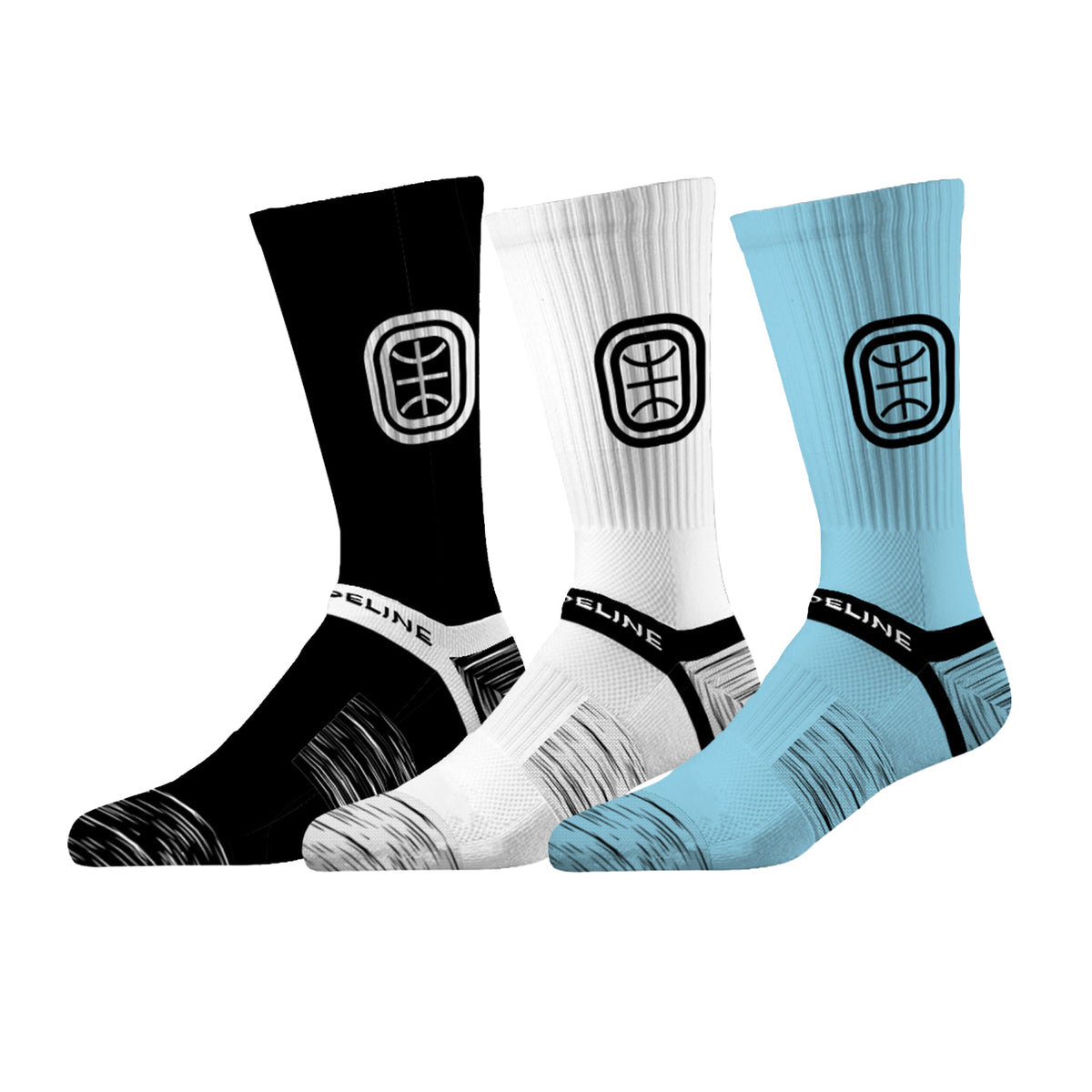 Overtime Elite Crew Socks in black, white, and light blue; limited edition fanwear.