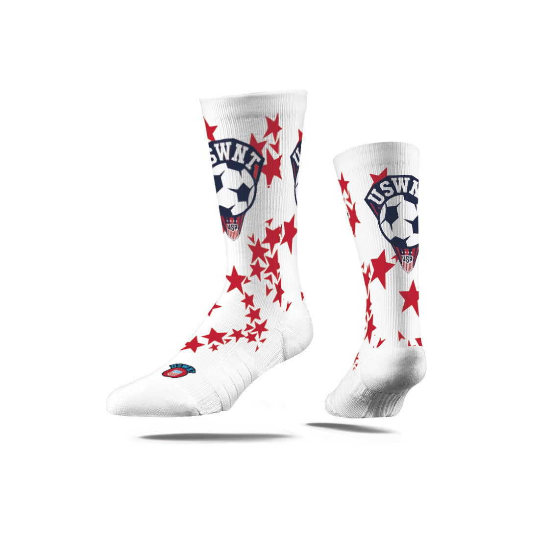 US Soccer Premium Full Sub socks featuring a star pattern in red and white with the USWNT logo.