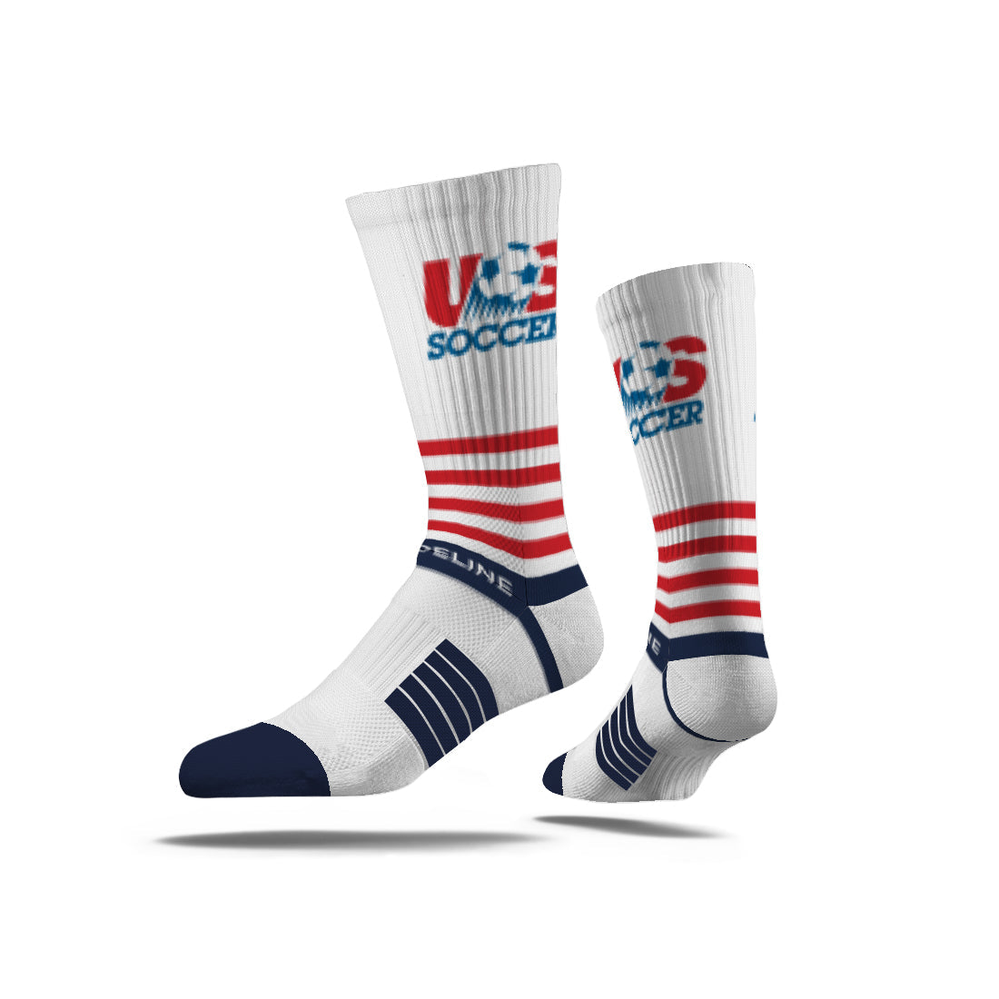 US Soccer Premium Knit Crew socks in white with red stripes and blue accents. Retro design for soccer fans.