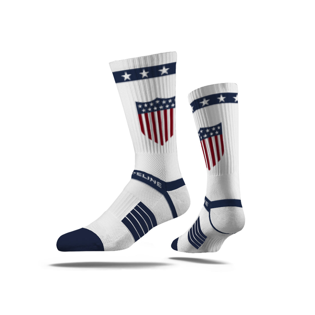 US Soccer Premium Knit Crew socks in white with retro design and stars, featuring a shield logo.