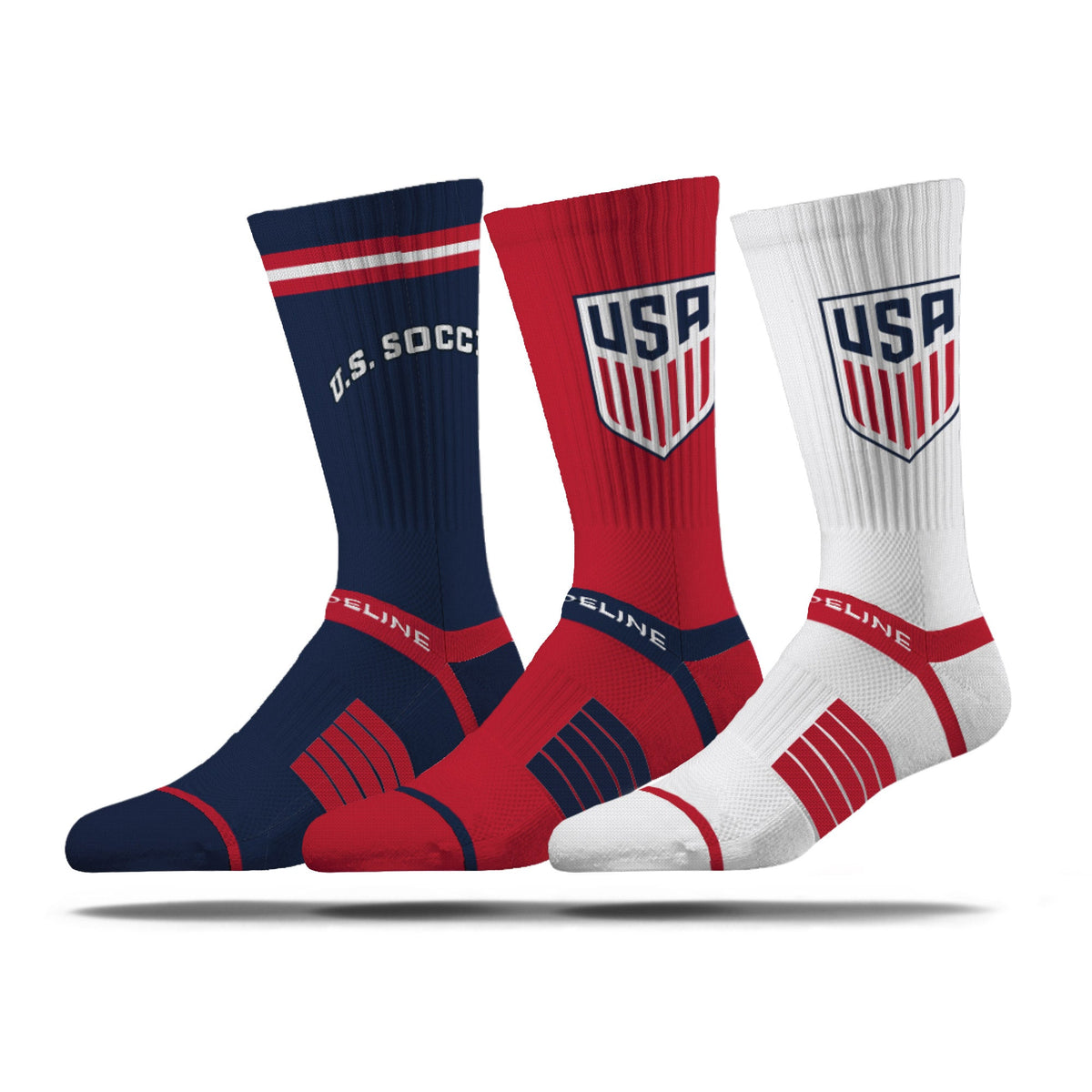 US Soccer 3 Pack Premium Knit Crew socks in navy, red, and white with team logos.