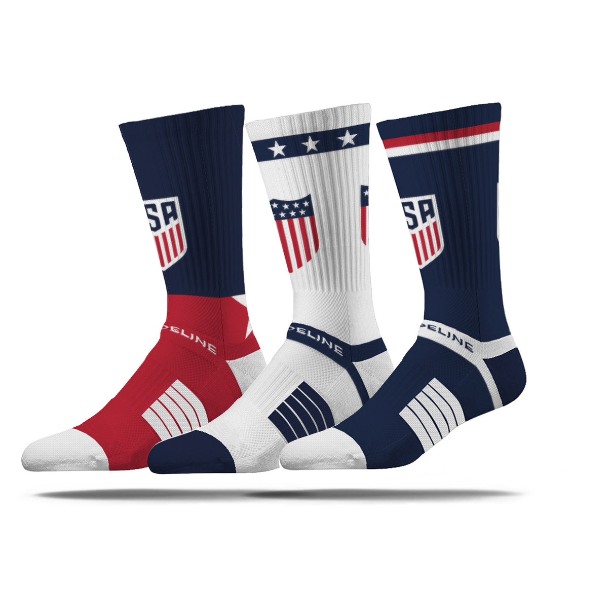 US Soccer 3 Pack Premium Knit Crew socks in red, white, and navy with team logo and stripes.