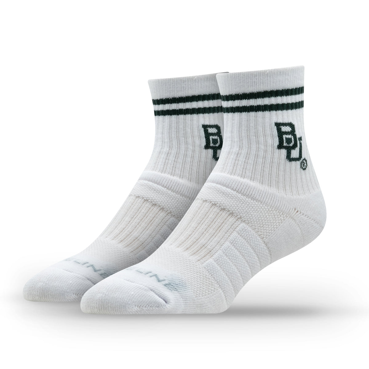 Baylor University half-calf knit socks in white with green stripes and logo, displayed in a pair.
