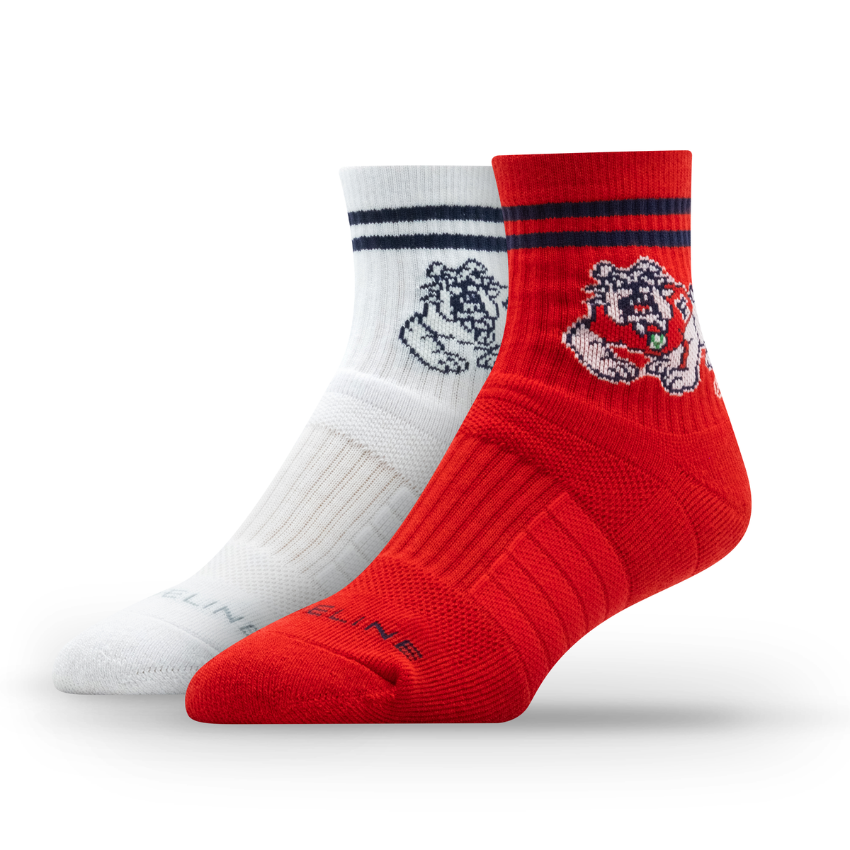 Fresno State NCAA half-calf knit socks in red and white, featuring a bulldog logo and striped design.