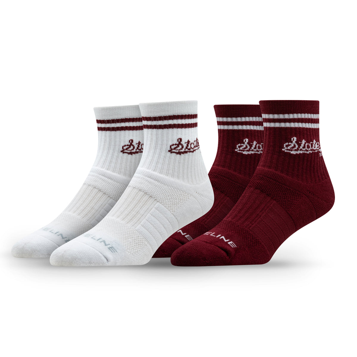 Two-pack of Mississippi State University half-calf knit socks in white and maroon with striped accents.