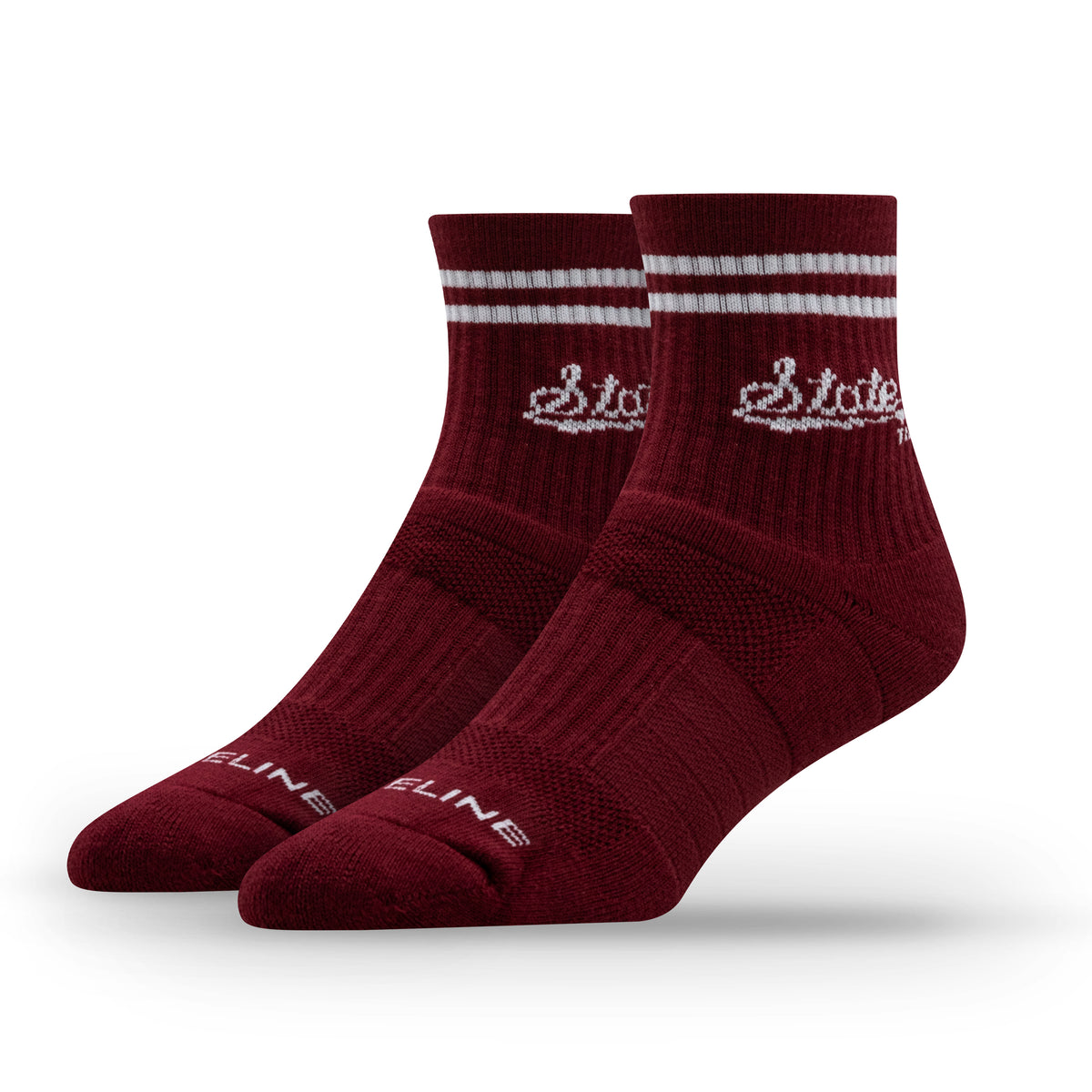 Maroon half-calf knit socks with white stripes and "State" logo, featuring a comfortable fit for fans.