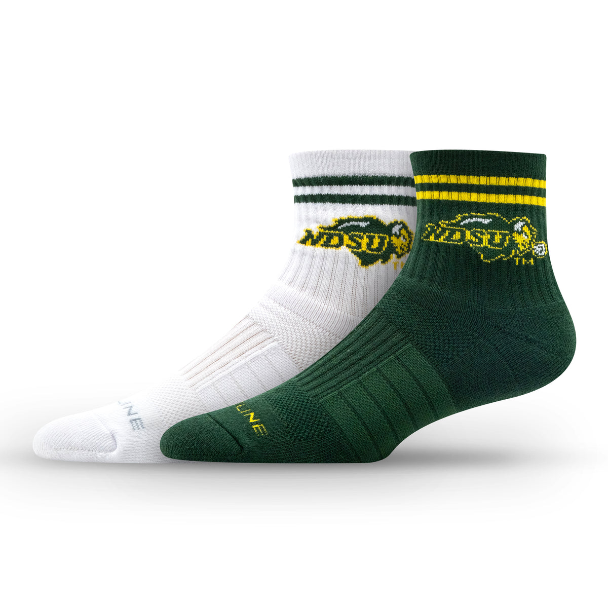 North Dakota State University half-calf knit socks in green and white, featuring team colors and logo.
