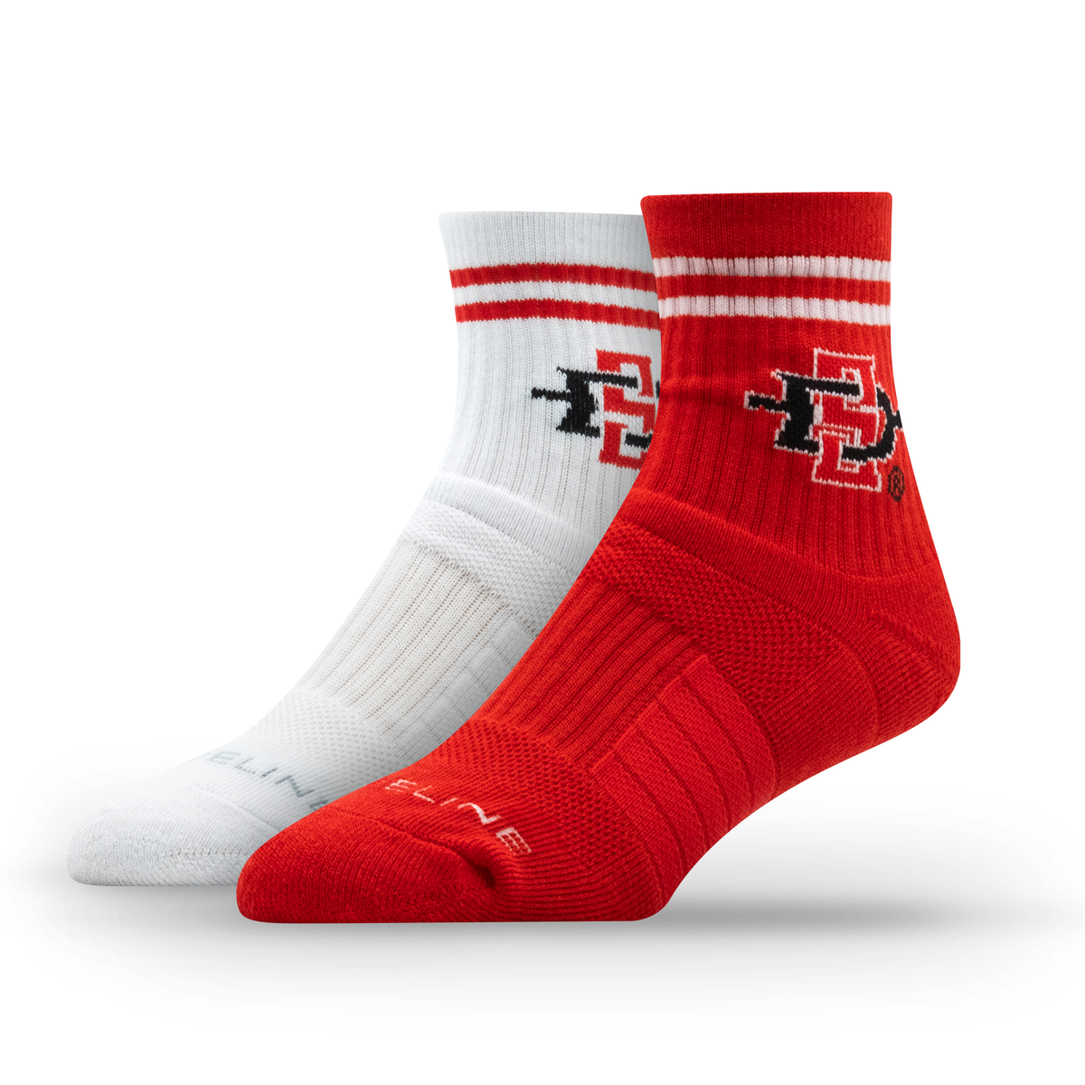 Red and white half-calf knit socks featuring the San Diego State University logo, packaged as a two-pack.