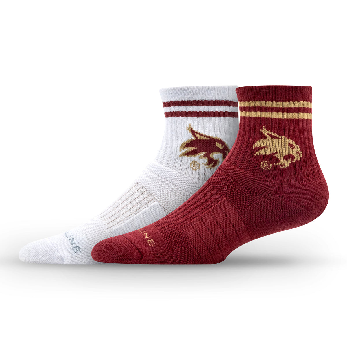 Texas State University half-calf knit socks in white and maroon, featuring stripes and a logo design.