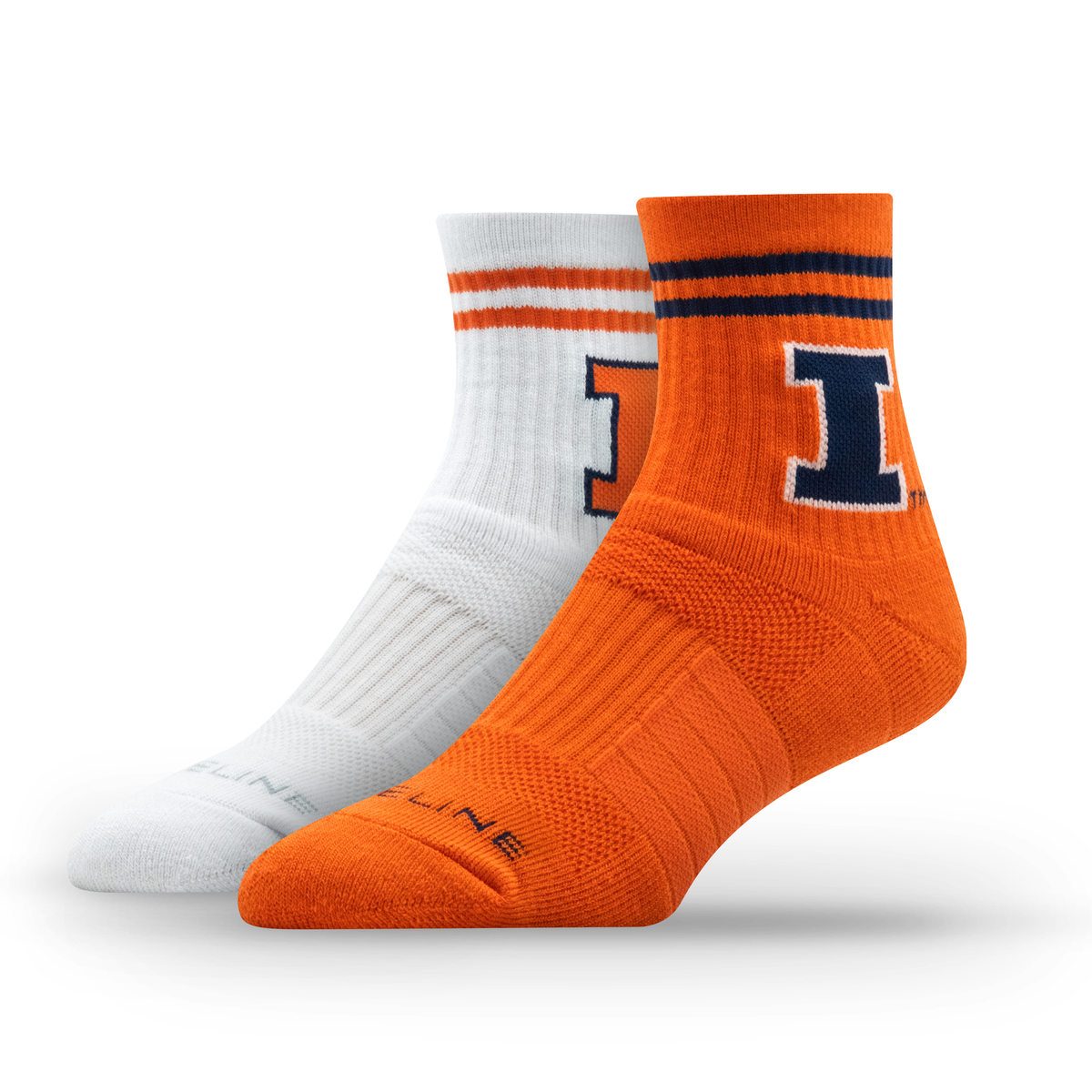 NCAA half calf knit socks in orange and white, featuring the University of Illinois logo and striped design.