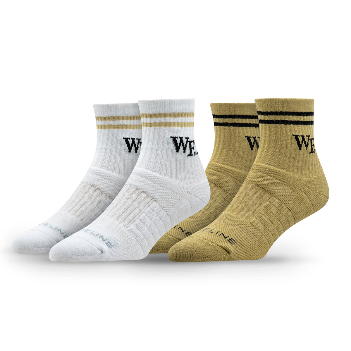 Half-calf knit socks in white and gold, featuring Wake Forest University branding, packaged in a two-pack.
