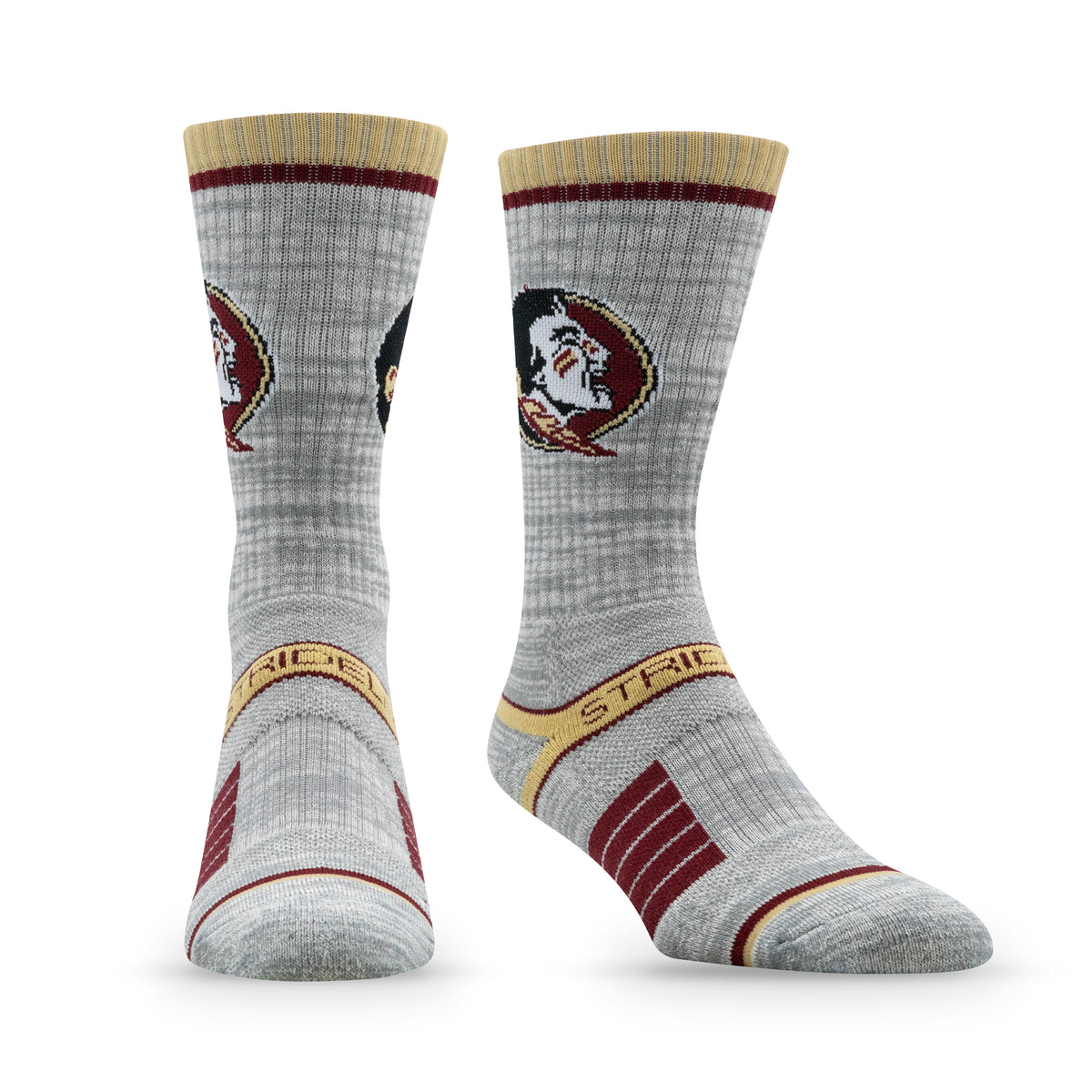 Premium wool knit socks featuring Florida State University logo in gray, garnet, and gold colors.