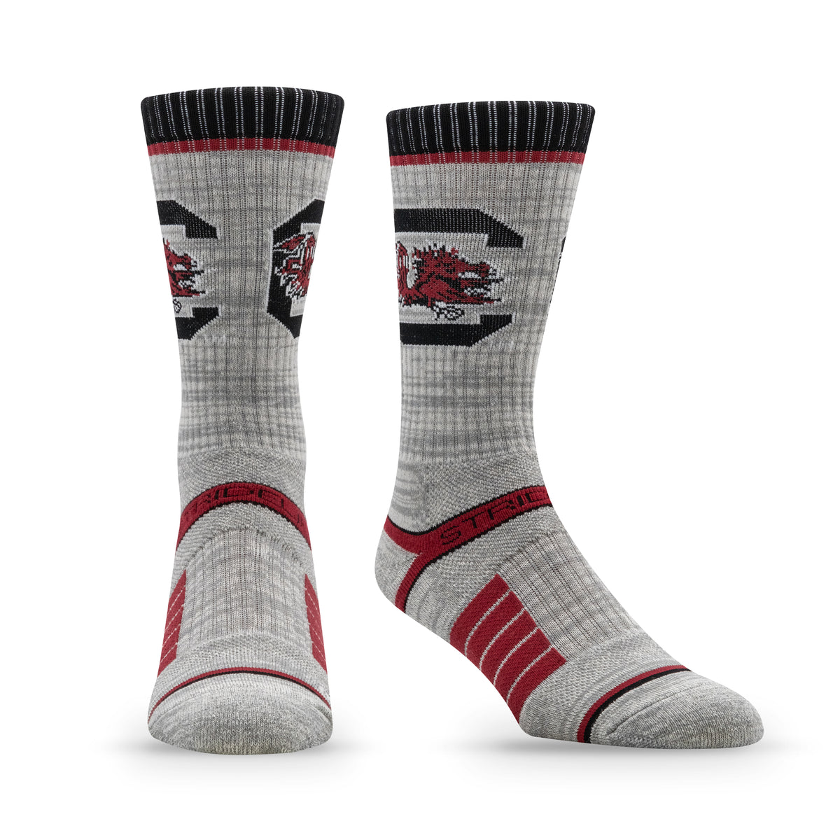 Premium wool knit socks featuring the University of South Carolina logo in gray, black, and red colors.