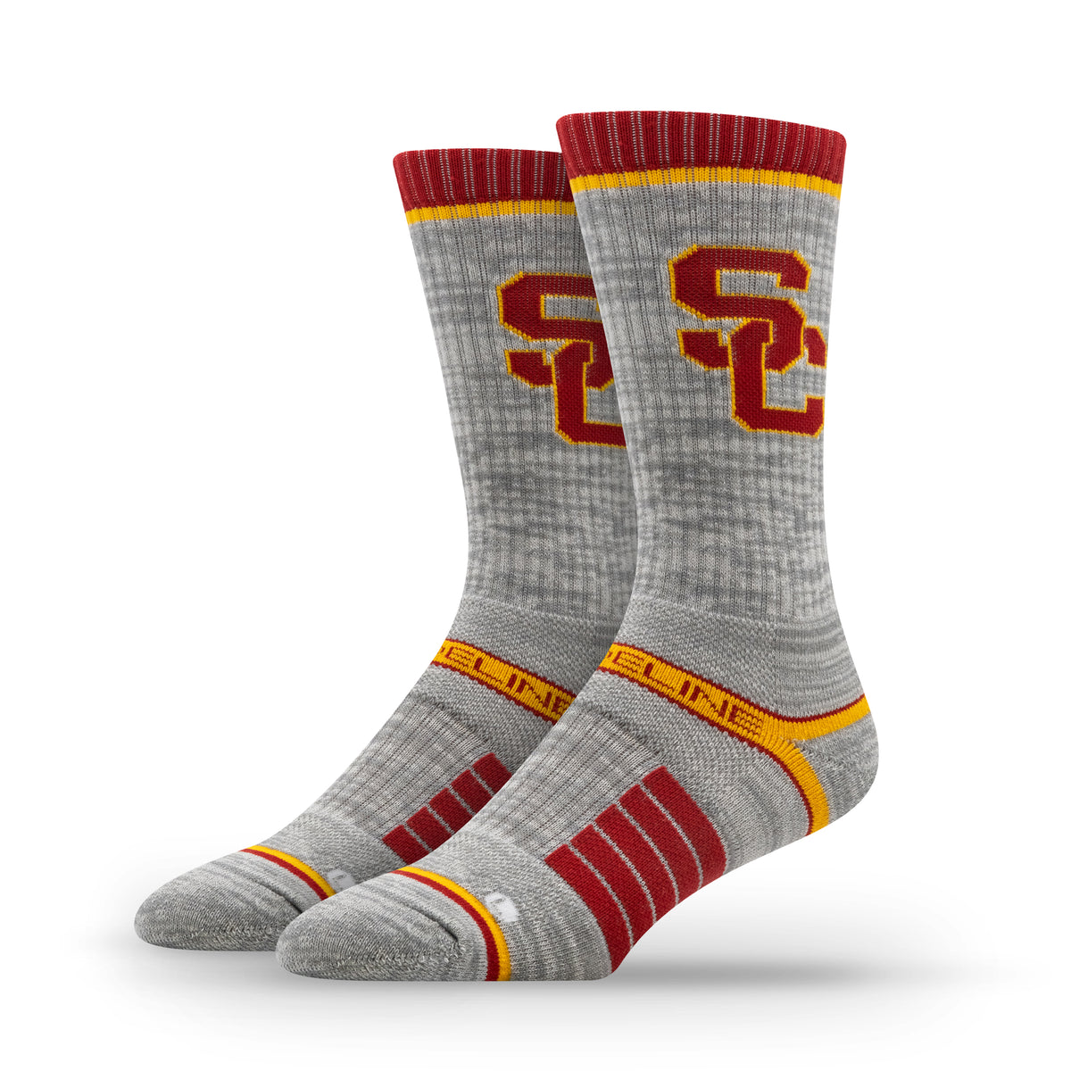 Premium wool knit socks in gray with USC logo and colors, featuring red and yellow accents.