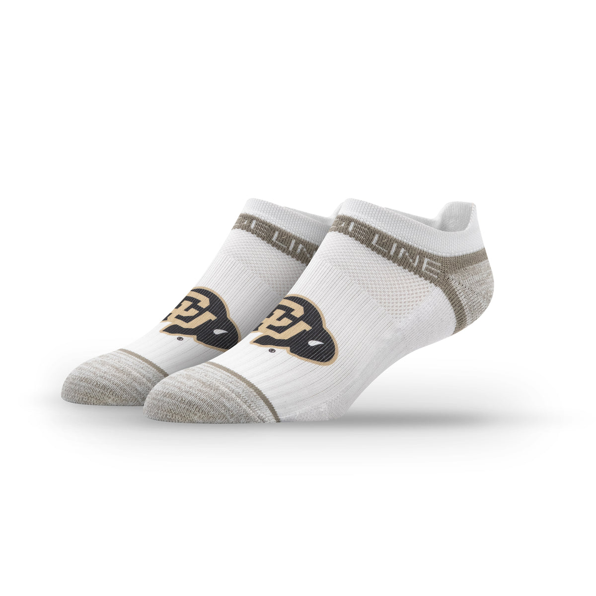 White low socks featuring the University of Colorado primary logo in black and gold.