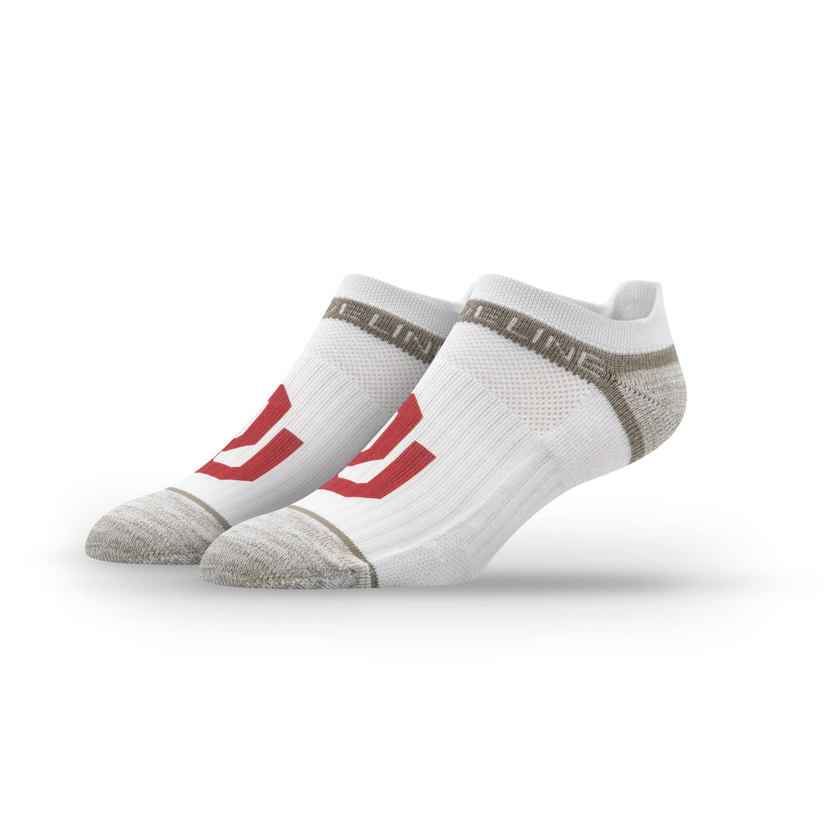 White premium low socks featuring the University of Oklahoma logo in red and a gray accent.