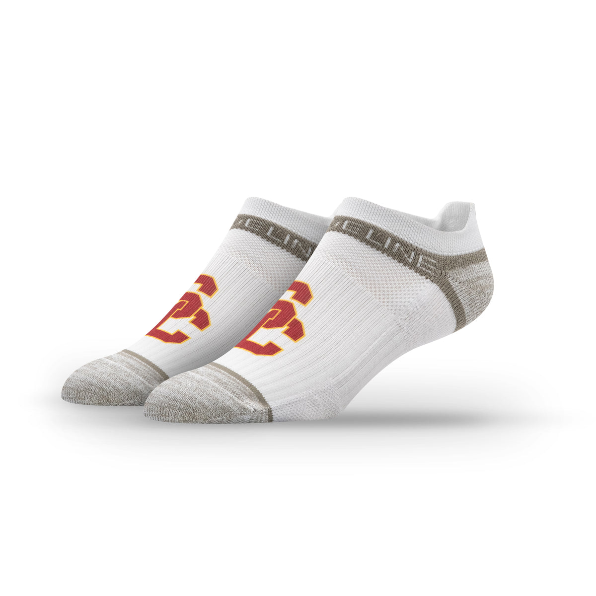 White low socks featuring the University of Southern California primary logo in cardinal and gold.