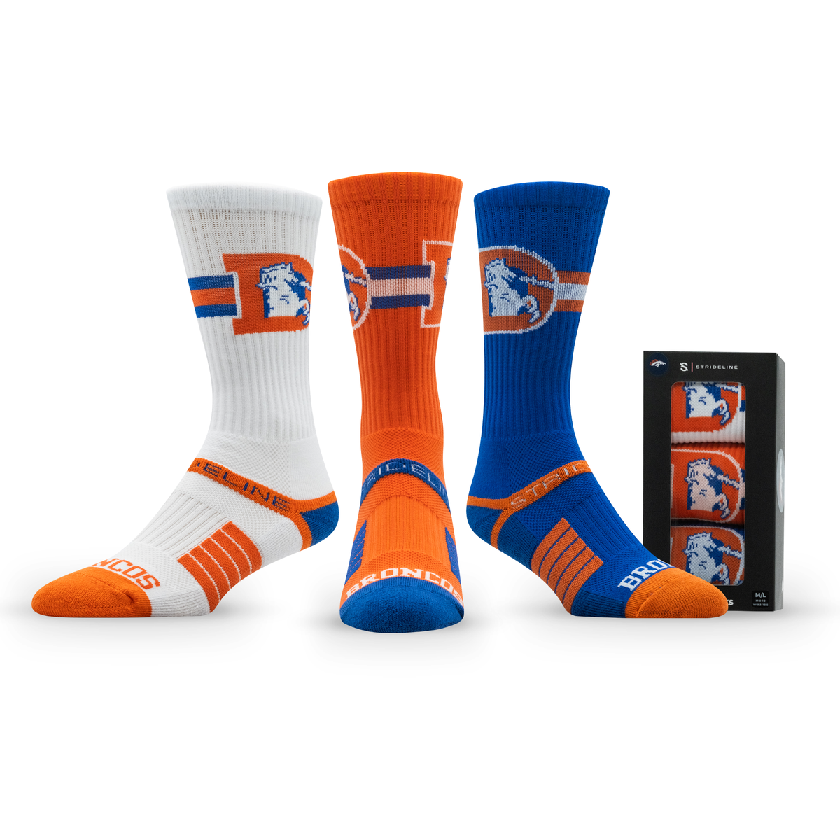 Denver Broncos: alternate view of a crew sock from the NFL Retro Premium Crew Knit Socks 3-Pack