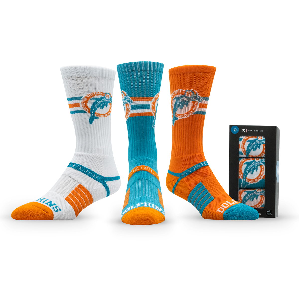 Miami Dolphins: alternate view of a crew sock from the NFL Retro Premium Crew Knit Socks 3-Pack