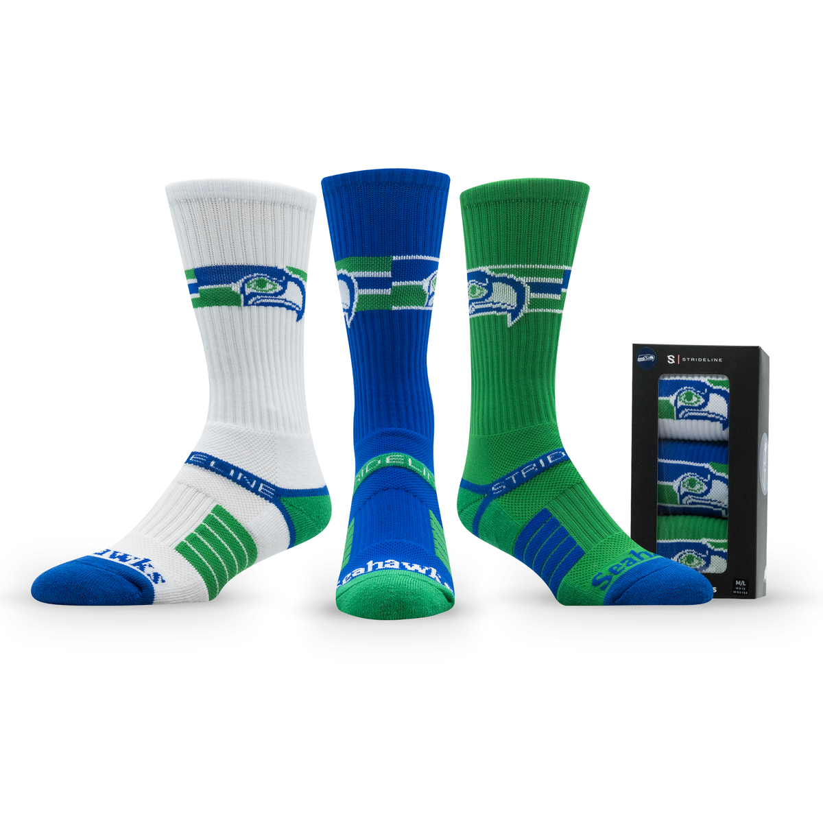 Seattle Seahawks: alternate view of a crew sock from the NFL Retro Premium Crew Knit Socks 3-Pack
