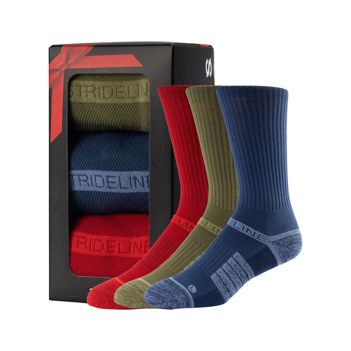 Unisex gift box featuring three pairs of crew socks in red, green, and blue. Perfect for men and women.