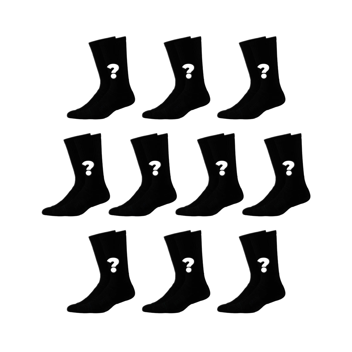 Mystery Bag featuring black socks with question marks, ideal for fans and available for men and women.